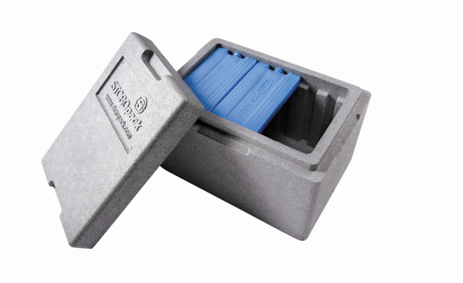 A gray insulated box with an intermediate slot for cooling elements