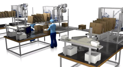 
				Abgebildet ist eine Person, die an einer Verpackungsstation arbeitet und eine weitere Verpackungsstation. 
