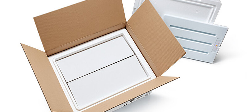 
		  A cardboard box with a white insulated box and a further inner carton and cooling elements (*)