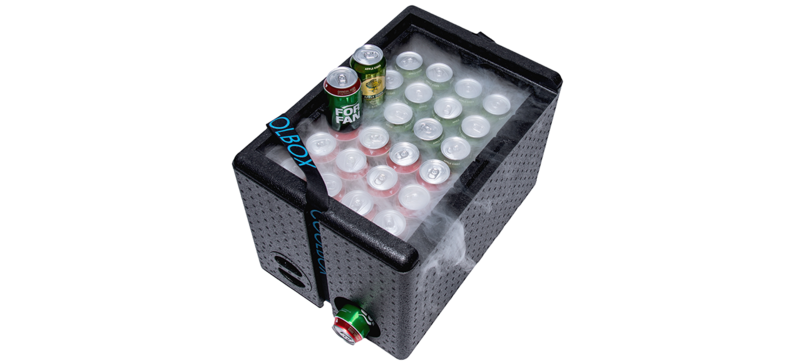 A black insulated box containing canned beverages 