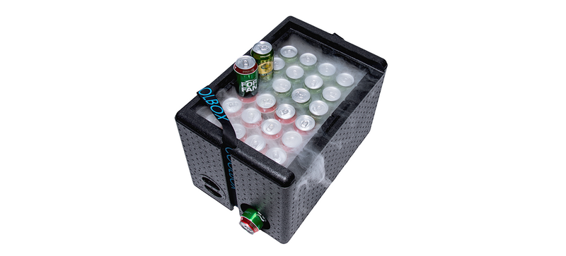 A black insulated box containing canned beverages 